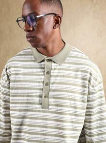 SUMWON Oversized Passform gestreiftes Poloshirt mit klassischem langem Knopfleistendesign, locker, retro, lässig, Wochenende, minimalistisch, atmungsaktiv, moderner urbaner Streetwear - Grün - Übersicht 4