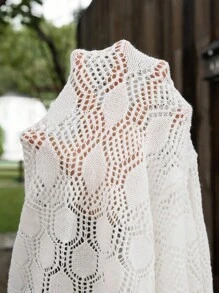 LanaWest Women's Knitted Sweater, Long Sleeve, 3D Geometric Pattern, Hollow Neckline With Drawstring Bowknot Fall Winter