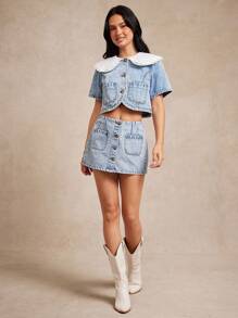 WESTFADE High Waist Button Front Cotton Blend Denim A Line Mini Skirt Back To School Country Western Fall Vintage Y2K - Light Wash - View 5