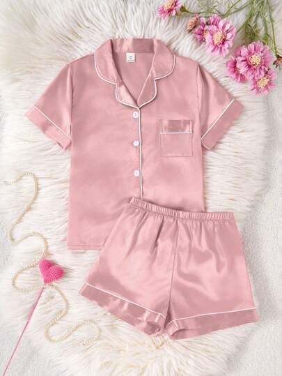 SHEIN Tween Girl Satin Cardigan Shirt And Shorts Pajama Set Girls Satin Pajama Set