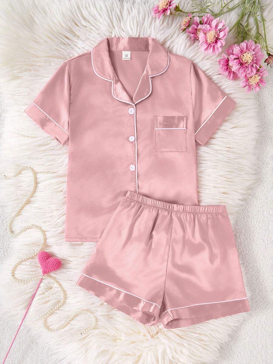 SHEIN Tween Girl Satin Cardigan Shirt And Shorts Pajama Set Girls Satin Pajama Set