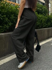 INAWLY 女士纯色简约抽绳运动裤 - 黑色 - 查看 4