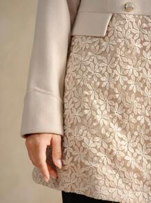 Flouryn Plus Size Women Elegant Commuter Lapel Patchwork Jacquard Fabric Overcoat - Khaki - View 2