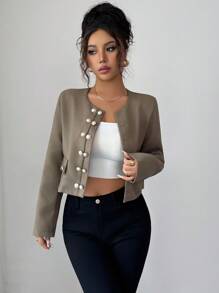 Elenzga Elegante Damen Jacke mit rundem Ausschnitt, Tweed, Pattentaschen und Knopfverzierung - Khaki - Übersicht 1