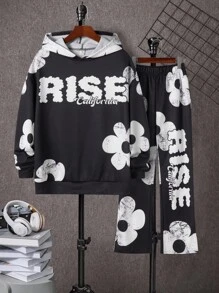 Set de 2 piezas de sudadera con capucha y pantalones acampanados con estampado grande de graffiti en estilo deportivo casual para niños adolescentes, adecuado para fiestas, eventos, bodas, bautizos, ceremonias de apertura, uso diario, escuela, viajes y temporadas de primavera, otoño e invierno
