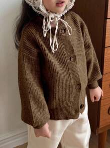 DAZY Cardigan Rajut Kasual Longgar Kancing Tunggal Lengan Panjang Bahu Jatuh Warna Polos untuk Anak Perempuan Musim Gugur/Dingin - Coklat - View 4