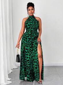 Maweii Leoparden-Muster Sexy Off-Shoulder Schleife Urlaubs Strandkleid in Große Größen