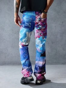 ROMWE MEN Anime Herren Jeans mit Blume Muster und Tasche - Verschiedenfarbig - Übersicht 3