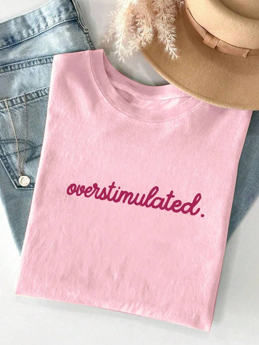 INAWLY Women Round Neck Short Sleeve Letter Print Casual Blouse, Everyday Wear - Pink - View 1