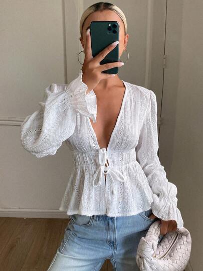 DAZY Women's Solid Color Drawstring Tie Waist Long Flare Sleeve V-Neck Casual Elegant Autumn/Winter Top Long Sleeve Top