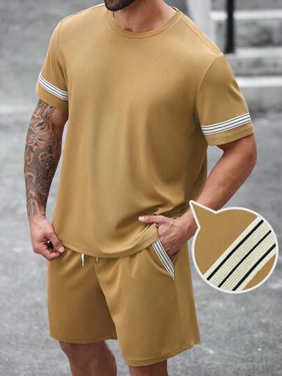 Manfinity Homme 男士加大码夏季条纹编织腰带圆领短袖T恤和短裤休闲套装男装套装男式两件套套装摩卡男士两件套休闲男装套装