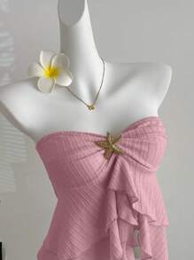 Sweetra Romantic Versatile Double Ruffle Hem Starfish Knot Decor Cropped Tube Top - Pink - View 4