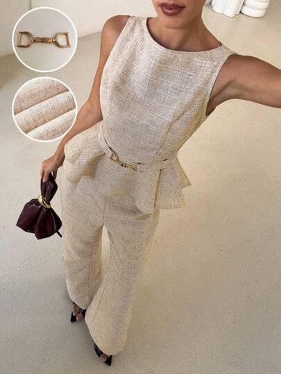 Lavishia 2 件杏色亚麻无袖圆领上衣，配金属扣腰带和喇叭裤套装，时尚日常通勤