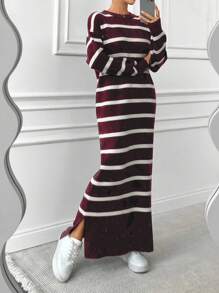 EURMUSE Striped Contrast Color Loose Knit Sweater Dress - Burgundy - View 4