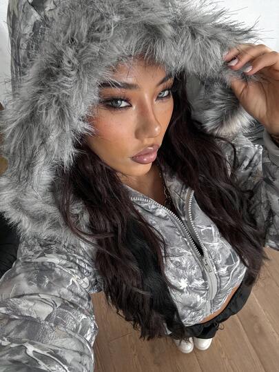 Coolane Women's Winter RETRO PUNK Hippie Grunge  Streetwear  Vintage Tree Branch Pattern Warm/ Cold Weather/ Thermal Padded Fuzzy Neck Zip Up Quilted Coat Cropped Puffer Jacket Faux Fur Trimmed Jacket Camo Jacket