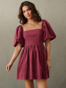 WESTFADE 牛仔灯芯绒方领扇贝边短款泡泡袖娃娃裙迷你连衣裙 - 紅色 - 查看 5