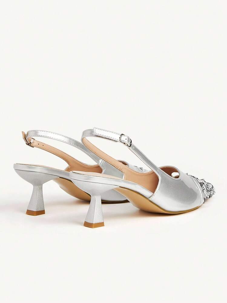 CUCCOO CHICEST Women's Sparkling Crystal Cutout Pointed Toe Stiletto Heel Elegant Glamorous Fashion Sexy Luxury Silver Metallic Faux Leather High Heel Sandals, Suitable For Formal Occasions, Parties, Cocktail, Christmas, Thanksgiving