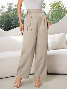 Modelyn 女士纯色侧系腰阔腿宽松休闲裤 - 卡其色 - 查看 6
