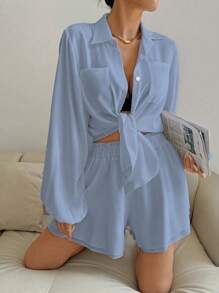 Chiquease Bộ áo sơ mi và quần short kiểu Pháp cho nữ, màu trơn, tối giản, thời trang, phù hợp cho mùa hè - Màu xanh lam - Xem 4