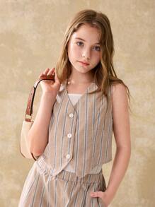 Ontre 两件套少女条纹上衣和短裤套装 - 卡其色 - 查看 3