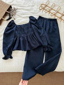 LMoss Kids LMoss  2pcs Tween Girl Woven Solid Puff Sleeve Casual Shirt And Loose Fit Pants Set Little Girl Co Ord Set Girls Spring And Autumn Suit Girls Blouse Set Tween Girl Peplum Top And Wide Leg Pants Girls Navy Two-Piece Set Teen Girls Outfit Sets,Ensemble,Herbst Outfit,Trousse Fall Winter