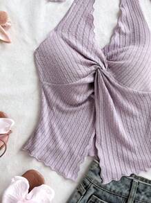 Soleia Fashionable Sexy Halter Tied Twist Hem Slit Backless Camisole,Rave Top - Mauve Purple - View 6