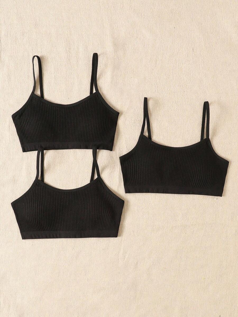 SHEIN 3件套青少年女孩黑色、白色和粉色简约休闲舒适加垫文胸套装 - 黑色 - 查看 1