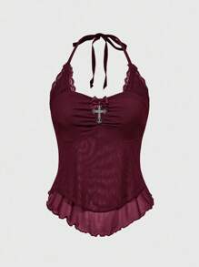 ROMWE Goth Y2K Punk Sweet Heart Cross Contrast Lace Asymmetrical Hem Camisole - Burgundy - View 1