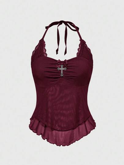 Goth Canotta asimmetrica Y2K punk con cuore, pizzo a contrasto e orlo irregolare