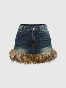 ROMWE Fairycore Váy denim lông giả thêu họa tiết da báo cỡ lớn + ghép mảnh đính đá - Màu xanh lam - Xem 3