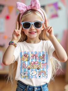 SHEIN Áo thun ngắn tay họa tiết hoạt hình dễ thương cho bé gái, phù hợp cho mùa hè, hoạt động ngoài trời, thoải mái, lớp áo mùa thu cho trẻ em, phong cách thời trang, trang phục thường ngày, hình ảnh hoạt họa cho trẻ em, chuẩn bị cho năm học mới. - trắng - Xem 1