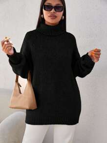 EURMUSE Minimalistyczny, swobodny sweter w jednolitym kolorze, luźny krój, golf z obniżonymi ramionami, plus size