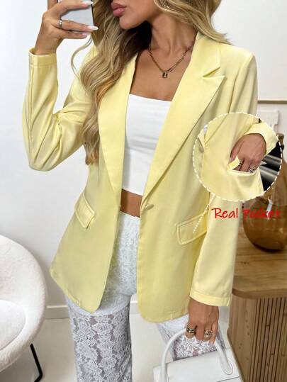 SHEIN LUNE Women's Casual Solid Color Creamy Yellow Basic Wardrobe Long Sleeve Blazer For Autumn/Winter Daily Wear Business Casual Woman Office For Women Going Out Tops Women Tops For Going Out Airport For Women Fall Women Winter For Women Winter For Women Back To School Streetwear Teacher For Women Butter Yellow Teacher Business Casual