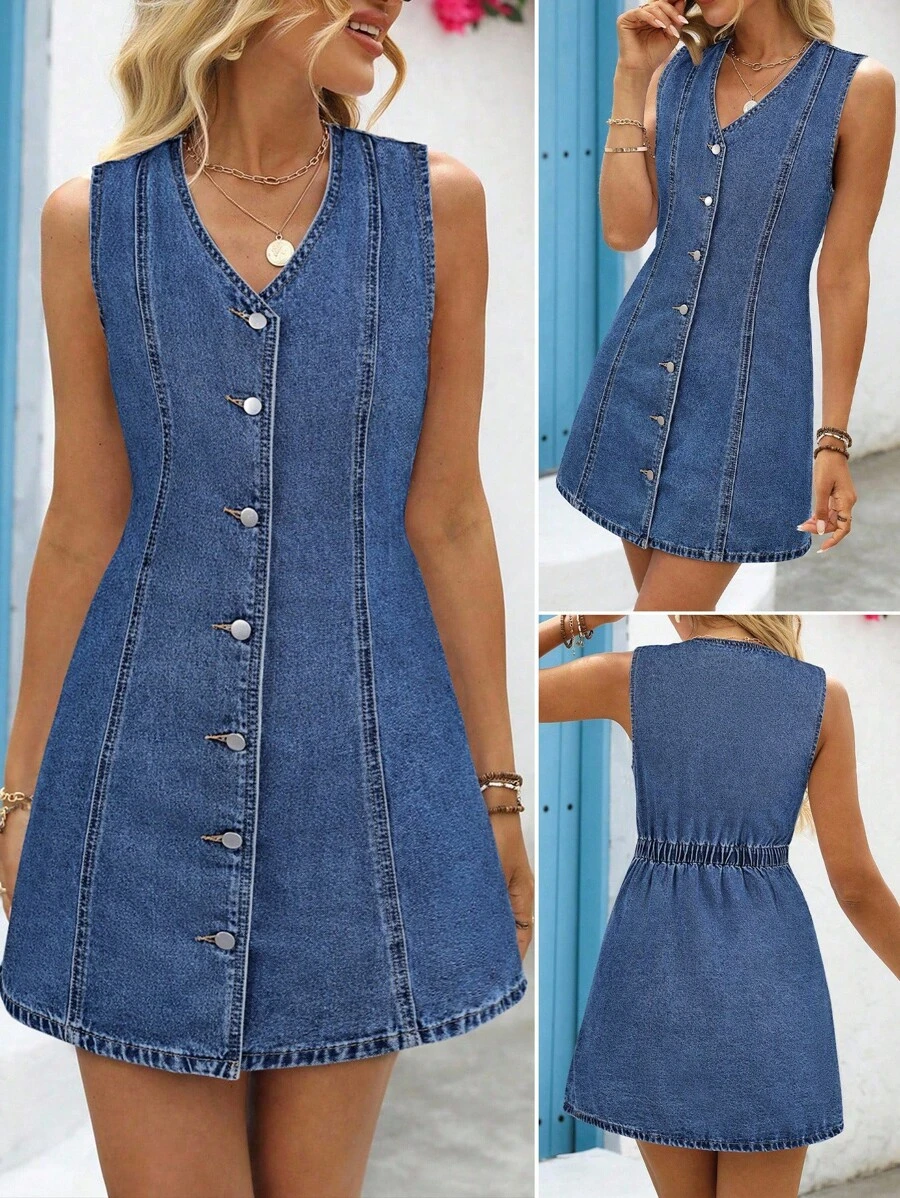EMERY ROSE 女式休闲前扣V领无袖牛仔连衣裙，夏季 - 中等水洗藍 - 查看 1