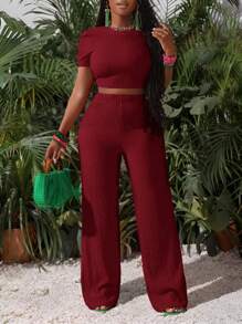Slaydiva Bộ đồ thể thao giản dị cơ bản mới cho mùa xuân và mùa hè, áo phông ngắn tay cổ tròn + quần ống rộng siêu dài, họa tiết sọc đỏ hồng, vải dệt kim, dành cho nữ, bộ hai mảnh - I - Màu Đỏ Sâu - Xem 4
