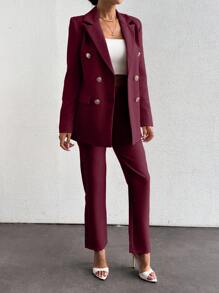 EURMUSE Women's Solid Color Lapel Epaulet Long Sleeve Double-Breasted Fashion Suit Set - Burgundy - View 5