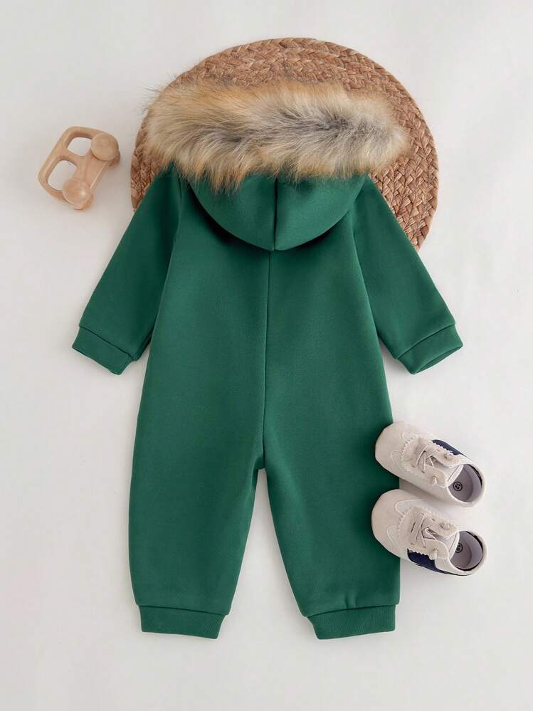 Baby Boys Casual College Style Comfortable Solid Color Thermal Lined Hooded Jumpsuit, Suitable For Commuting, Daily Wear, Outings, Sports, Autumn/Winter Seasons, For Baby Boys And Girls - Green - View 2