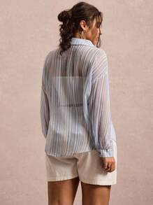 SHEIN VCAY Plus Size Women's Drop Shoulder Long Sleeve Striped Shirt,Blue And White,Summer,Smart Casual,Vacation,Holiday Single-Breasted Pocket Button Up Tops - Blue and White - View 2
