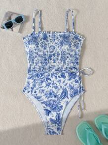 Swim Vcay Bộ đồ bơi liền thân hở lưng in họa tiết màu xanh và trắng ngẫu nhiên dành cho nữ, dây đeo có thể điều chỉnh, đa năng cho trang phục đi biển, ngày lễ và thường ngày - Màu xanh lam - Xem 2