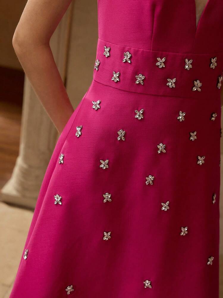 RHINESTONE DETAIL FLARE HEM PROM DRESS