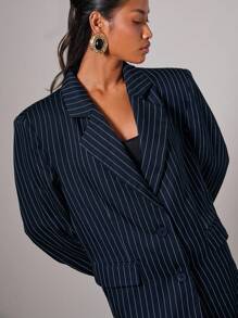 COSMINA 女士条纹翻领长袖夹克和迷你裙休闲套装，秋冬女士办公室服装 - 黑與白 - 查看 6