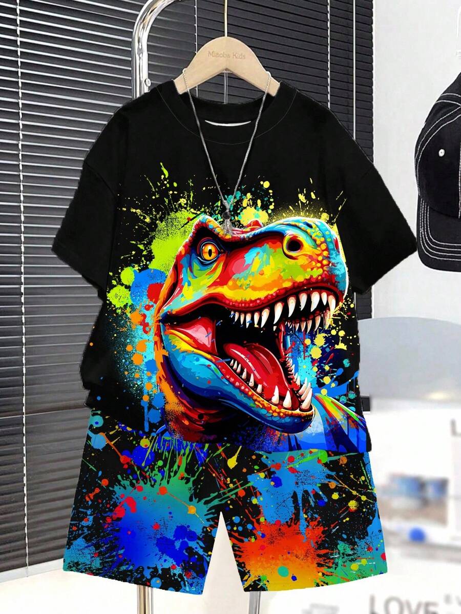 SHEIN Bộ 2 bộ đồ thường ngày cho bé trai tuổi teen, khủng long hoạt hình, thời trang đường phố Y2K, họa tiết graffiti tay ngắn cổ tròn, thích hợp cho mùa hè - Nhiều màu - Xem 1