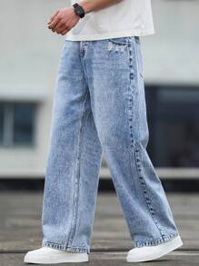 Manfinity EZcore Quần Jeans Nam Dáng Rộng, Giặt Giặt, Chống Xước, Phong Cách Đường Phố - Màu xanh lam - Xem 1