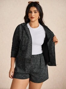 Elaquor Set de 2 piese, casual, versatil, vopsit în stil Tie-Dye, negru, pentru femei, mărime plus, jachetă cu hanorac și pantaloni scurți cu fermoar, toamnă - Negru - Vizualizare 7