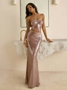 Vowa 时尚网状结构鱼骨紧身胸衣和紧身迷你裙套装，适合婚礼、派对、下午茶、假期等各种正式场合以及女士其他服装 - 卡其色 - 查看 2