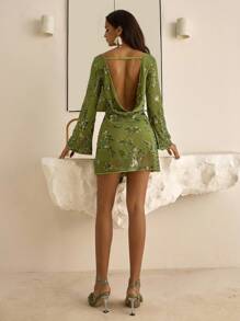 Vowa 性感长袖串珠刺绣露背荷叶边迷你连衣裙，适合舞会、音乐节、节日、夏季派对等正式场合 - 墨綠色 - 查看 3
