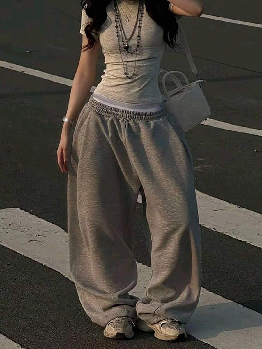 SHEIN Women's Elastic Waist Wide Leg Loose Casual Sweatpants Fall Cloth For Women - Grey - View 1