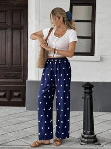 Chiquease Women's Loose Casual Embroidered Pleated Long Pants, Summer Casual Spring For University Fall - Navy Blue - View 1