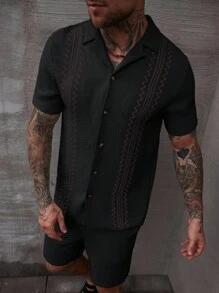 Manfinity Homme 男士夏季印花短袖衬衫+抽绳短裤套装男黑色套装男士衬衫套装男士钩针衬衫男士针织纽扣男士黑色短袖衬衫 - 黑色 - 查看 5