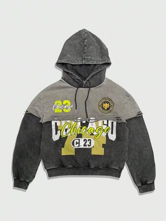 Street Life Felpa con cappuccio casual da uomo in stile retrò con motivo a contrasto e coulisse